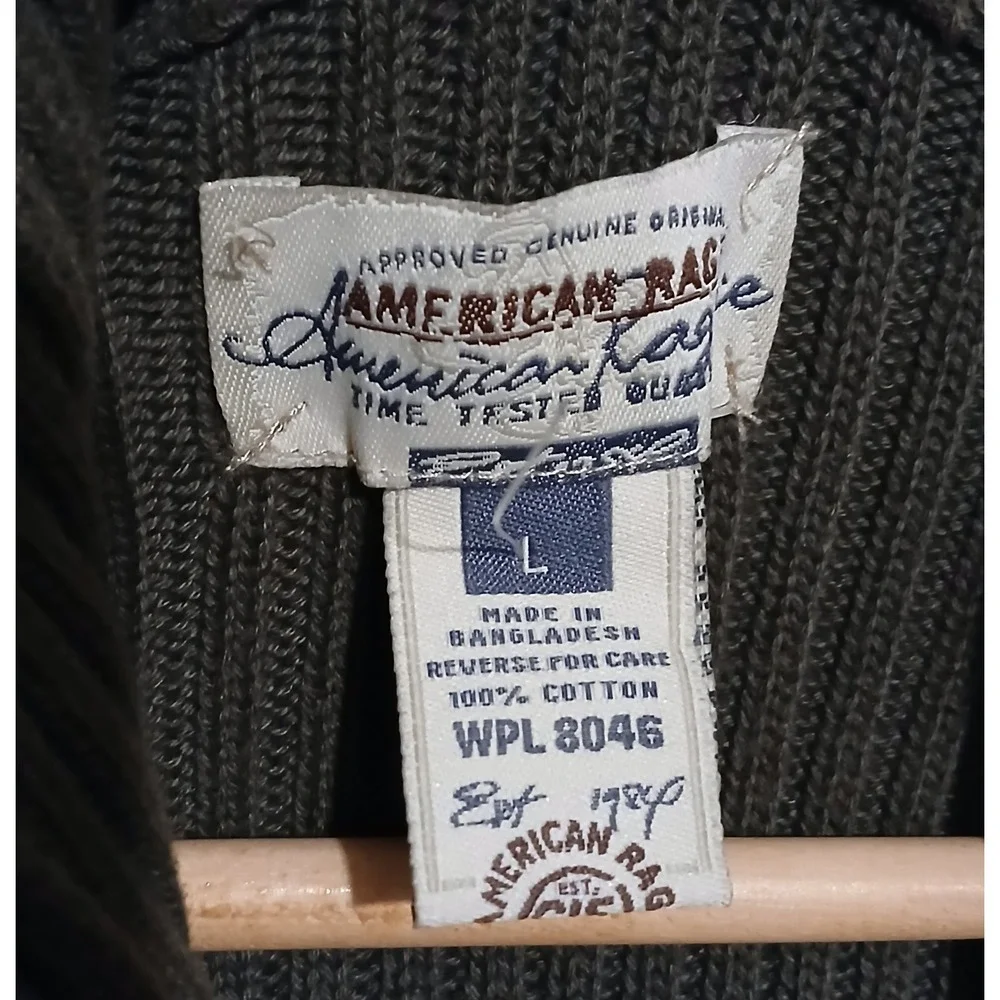 American Rag Mens Olive Green Military Quarter Zip Ribbed Cotton Sweater‎ Large